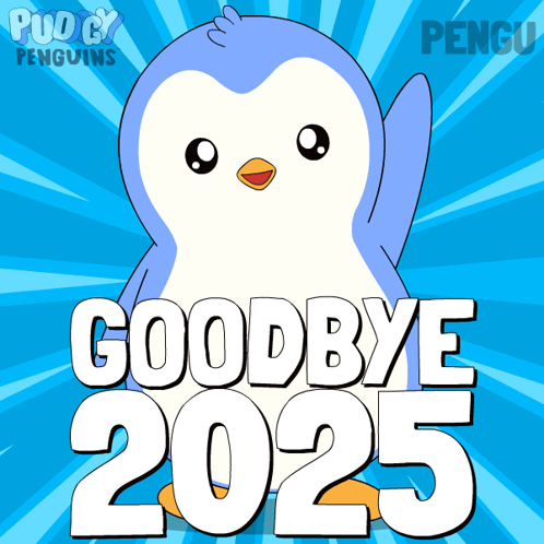 Penguin Says Goodbye 2025 White Letters GIF