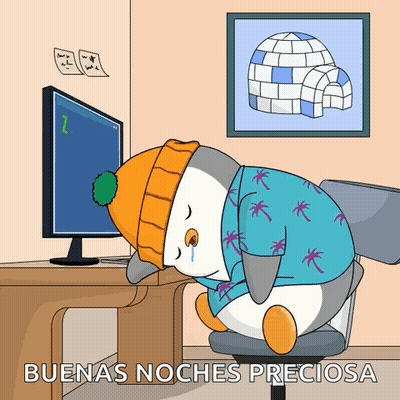 Penguin Sitting At Computer Saying Buenas Noches Preciosa GIF