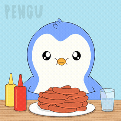 Penguin Sitting At Table With Pancakes And Condiments GIF