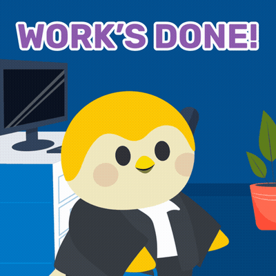 Penguin Sitting In Front Of Computer Saying Work's Done GIF