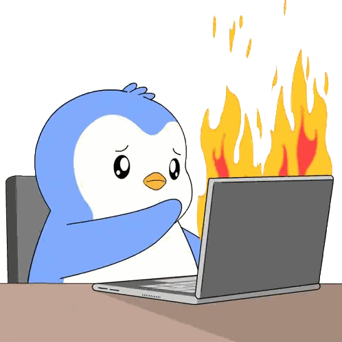 Penguin Sitting In Front Of Laptop With Flames Sticker