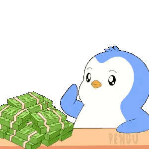 Penguin Sitting In Front Of Money Stacks Sticker