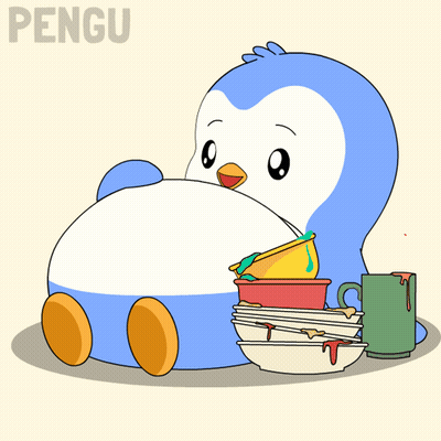 Penguin Sitting Next To Dishes GIF