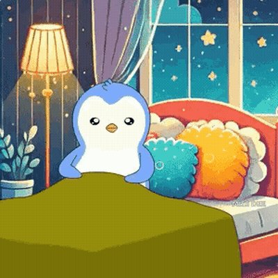 Penguin Sitting On Bed With Green Blanket GIF