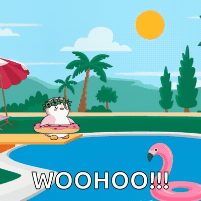 Penguin Sitting On Diving Board Next To Flamingo Float GIF