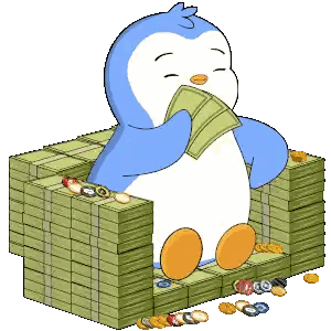 Penguin Sitting On Money Holding Dollar Sticker