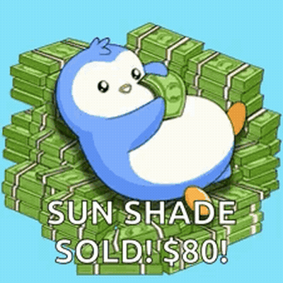 Penguin Sitting On Money Sun Shade Sold $80 GIF