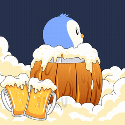 Penguin Sitting On Wooden Barrel With Beer Mugs GIF