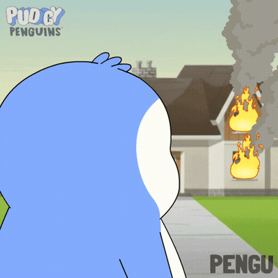 Penguin Standing In Front Of Burning House Saying Pengu GIF