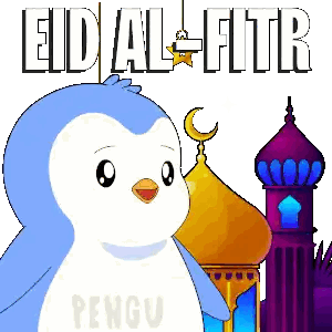 Penguin Standing In Front Of Mosque With Eid Al Fitr Sticker