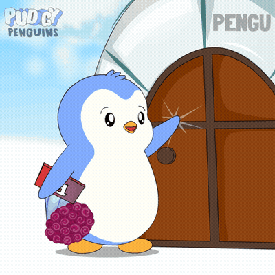 Penguin Standing In Front Of Pudding Penguins Sign GIF