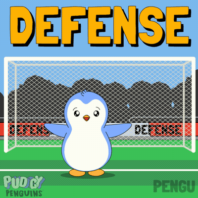 Penguin Standing In Front Of Soccer Goal Saying Defense GIF