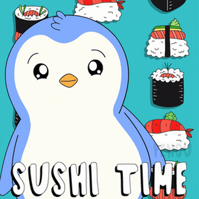 Penguin Standing In Front Of Sushi GIF