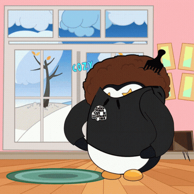 Penguin Standing In Front Of Window Saying Cozy GIF