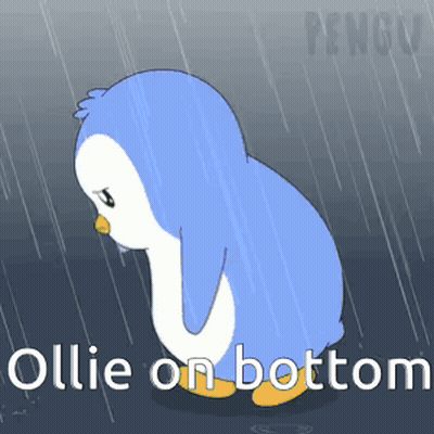 Penguin Standing In Rain Saying Ollie On Bottom GIF