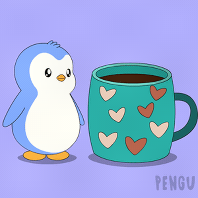 Penguin Standing Next To Coffee With Hearts GIF