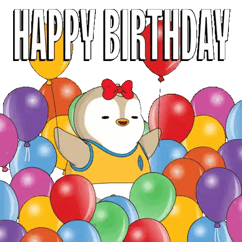 Penguin Surrounded By Balloons And Happy Birthday Text Sticker