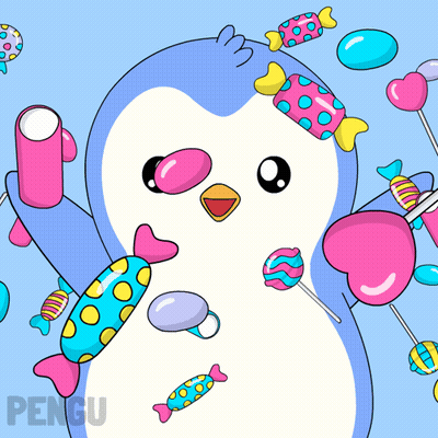 Penguin Surrounded By Colorful Candies And Text Pengu GIF