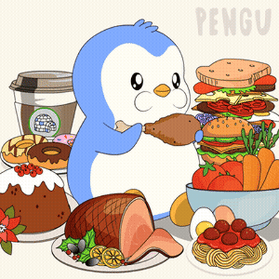 Penguin Surrounded By Food And Sandwich GIF