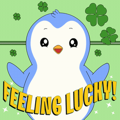 Penguin Surrounded By Four-Leaf Clovers Saying Feeling Lucky GIF
