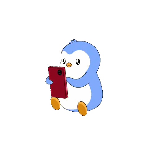 Penguin Surrounded By Pink Hearts Looking At Cell Phone Sticker