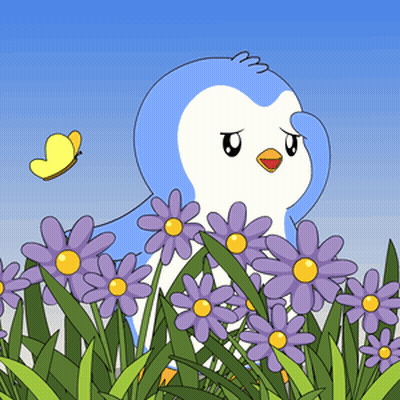 Penguin Surrounded By Purple Flowers GIF