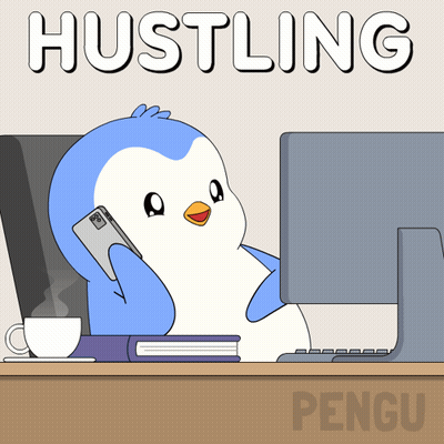 Penguin Talking On Cell Phone In Front Of Computer Hustling GIF