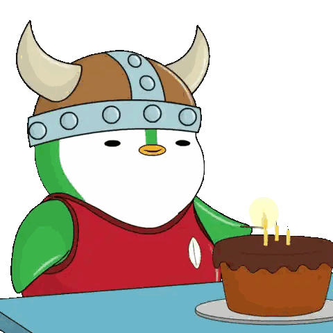 Penguin Viking Holding Cake With Candles GIF