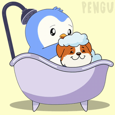 Penguin Washing Dog In Bathtub With Pengu GIF