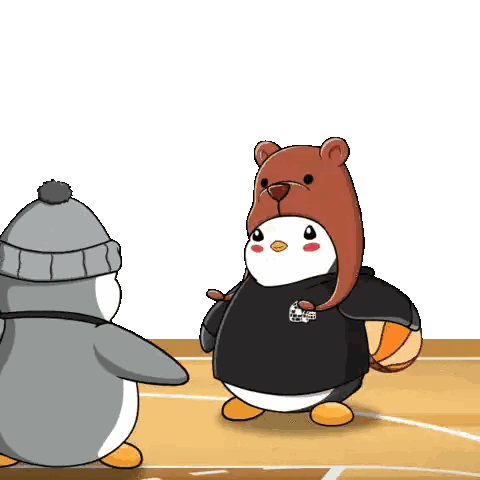 Penguin Wearing Bear Hat Holding Basketball Sticker