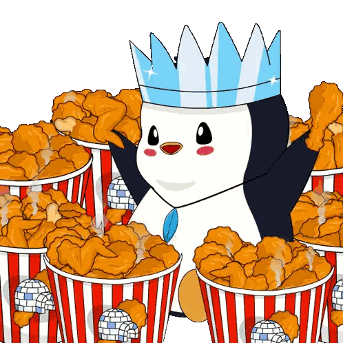 Penguin Wearing Blue Crown Surrounded By Fried Chicken Buckets Sticker
