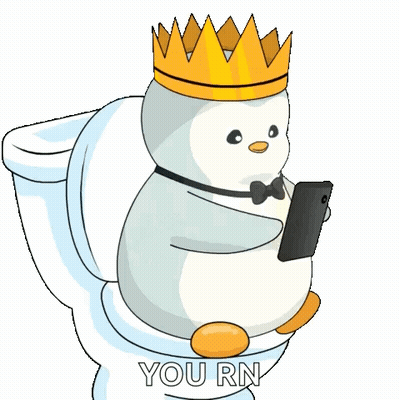 Penguin Wearing Crown And Bow Tie Sitting On Toilet With Phone GIF