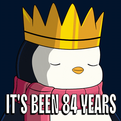 Penguin Wearing Crown And Scarf Saying It's Been 84 Years GIF
