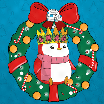 Penguin Wearing Crown In Christmas Wreath With Candy Canes GIF
