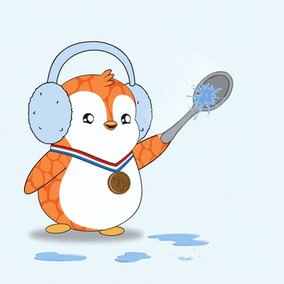 Penguin Wearing Ear Muffs Holding Spoon And Medal Saying LP GIF
