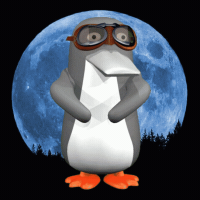 Penguin Wearing Goggles In Front Of Blue Moon GIF