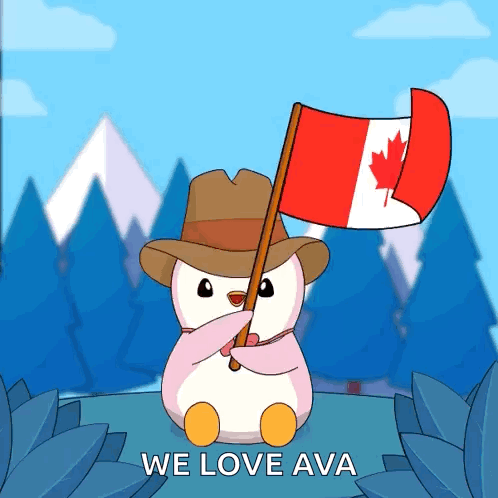 Penguin Wearing Hat Holding Canadian Flag We Love Ava GIF