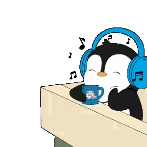 Penguin Wearing Headphones Holding Blue Mug Sticker