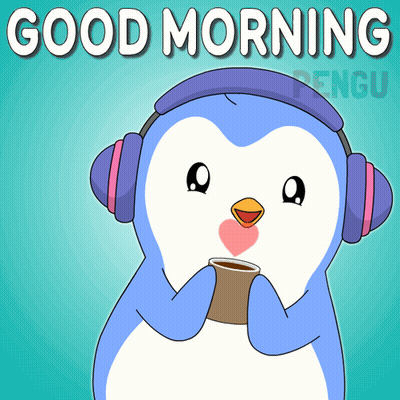 Penguin Wearing Headphones Holding Coffee Saying Good Morning GIF