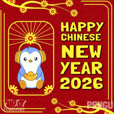 Penguin Wearing Headphones Holding Gold Coin Happy Chinese New Year 2026 GIF