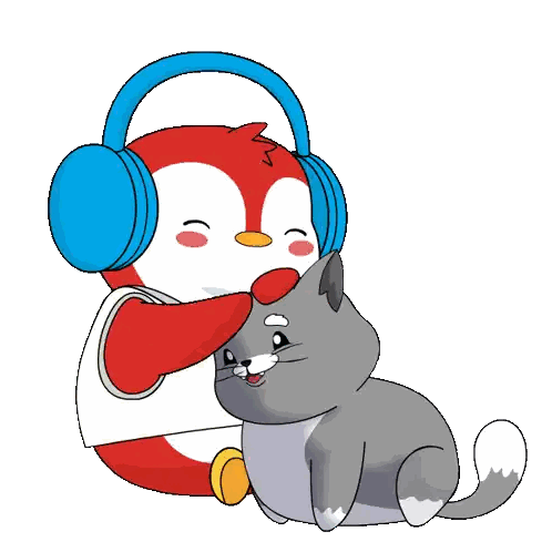 Penguin Wearing Headphones Petting Cat Sticker