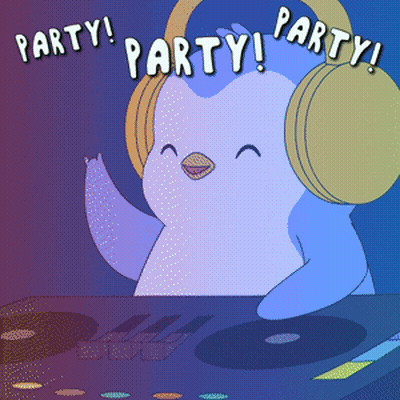 Penguin Wearing Headphones Playing Music Saying Party