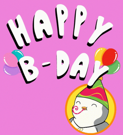 Penguin Wearing Party Hat With Balloons Saying Happy B-Day GIF