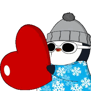 Penguin Wearing Sunglasses And Hat Holding Heart Sticker