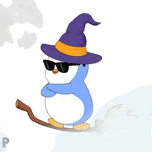 Penguin Wearing Witch Hat Riding Broom Sticker