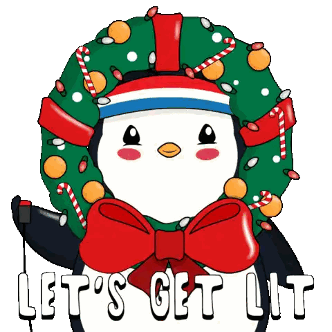 Penguin Wearing Wreath And Red Bow Says Lets Get Lit Sticker