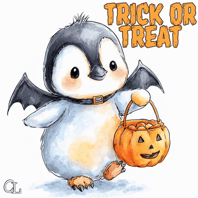Penguin With Bat Wings Carrying Pumpkin Trick Or Treat GIF