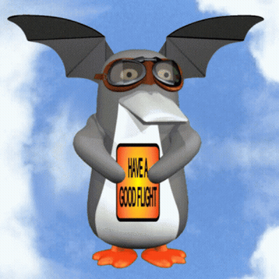 Penguin With Bat Wings Holding Have A Good Flight Sign GIF