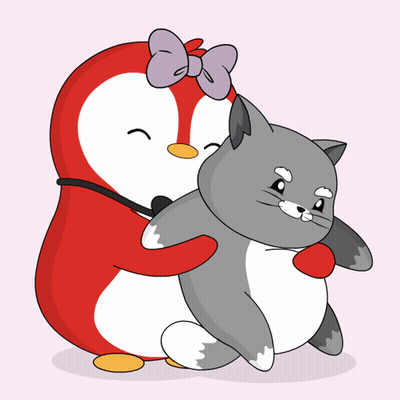Penguin With Bow Holding Cat GIF