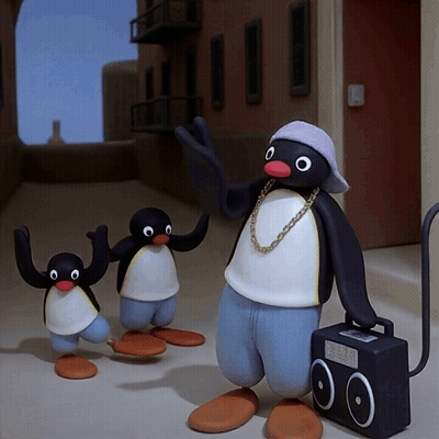 Penguin With Chain Standing Next To Two Penguins And Boombox GIF